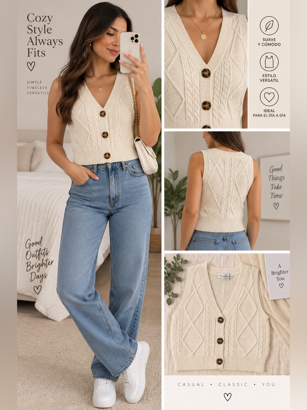 Sincerely Jules Cream Cable Knit V-Neck Button Vest